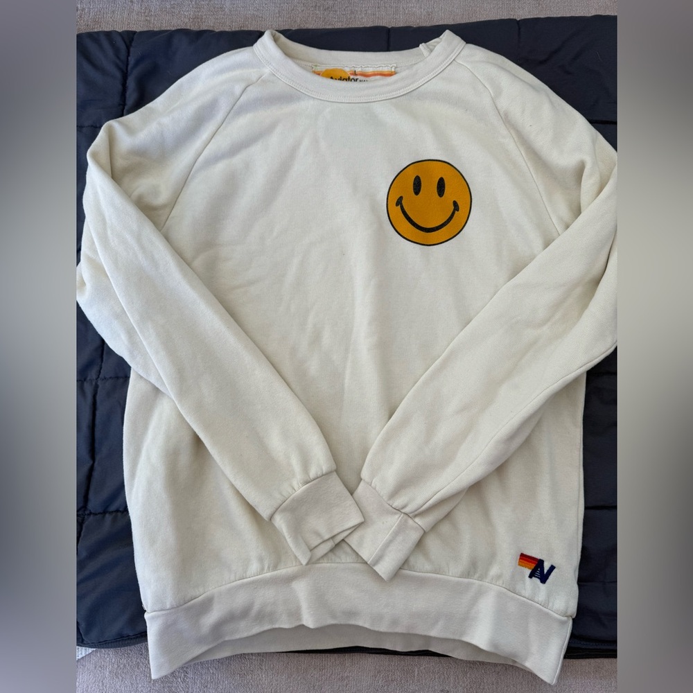 AVIATOR NATION Smiley 2 Relaxed Sweatshirt Cream Size Large